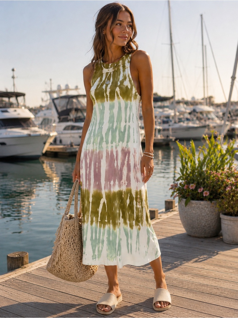 Young Fabulous & Broke | Olive & Cream Ribbed Tie-Dye Midi Ribbed Tank Dress | S